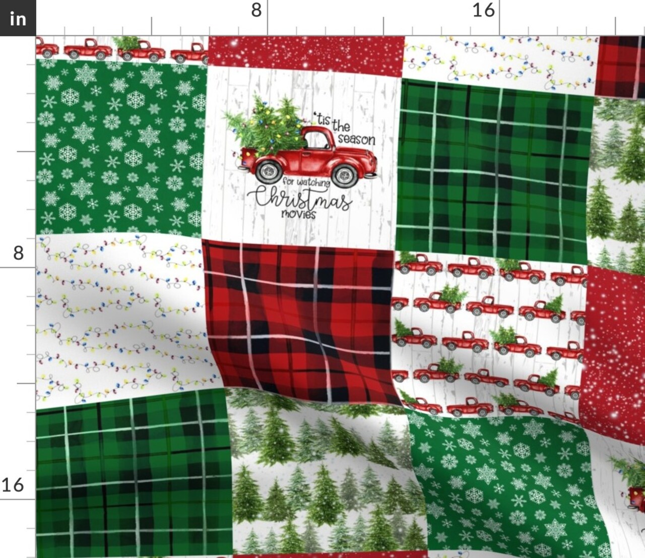 Cheater Quilt Rustic Christmas Plaid Tartan Red Truck Country Christmas Farmhouse Snowflakes Christmas Lights Snowflakes Trees Classic Custom Printed Fabric by Spoonflower Various Fabrics by the Yard or Fat Quarter